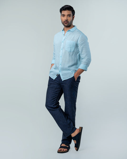 7ate9 Men Pure Linen Sky Blue Relaxed Fit Shirt | 789A0008