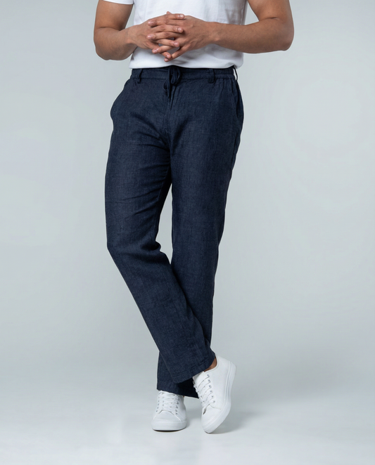 7ate9 Men Pure Linen Navy Drawstring Pants | 789A0021
