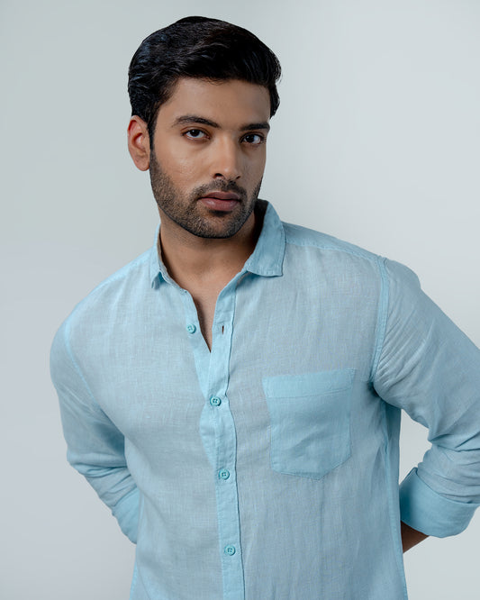 7ate9 Men Pure Linen Sky Blue Relaxed Fit Shirt | 789A0008