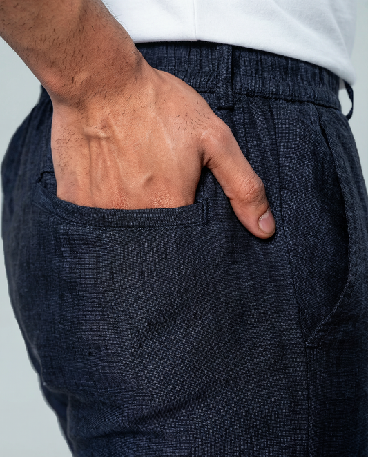 7ate9 Men Pure Linen Navy Drawstring Pants | 789A0021