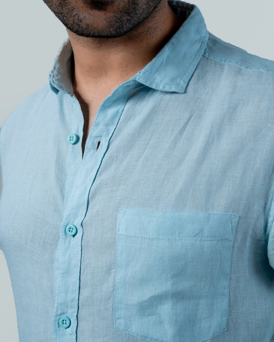 7ate9 Men Pure Linen Sky Blue Relaxed Fit Shirt | 789A0008