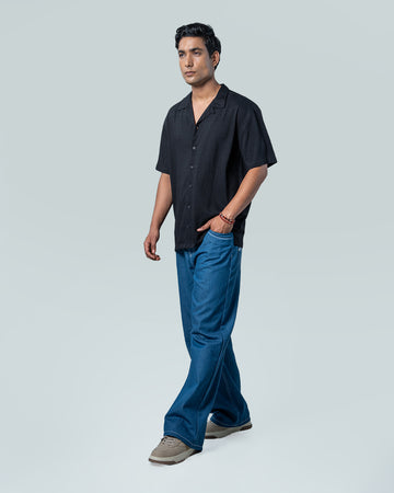 7ate9 Men Dobby Black Relaxed Fit Shirt