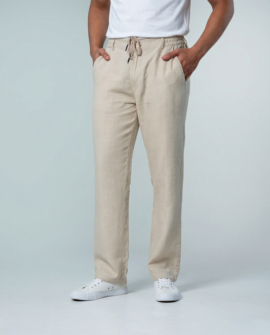 7ate9 Men Pure Linen Beige Drawstring Pants | 789A0019