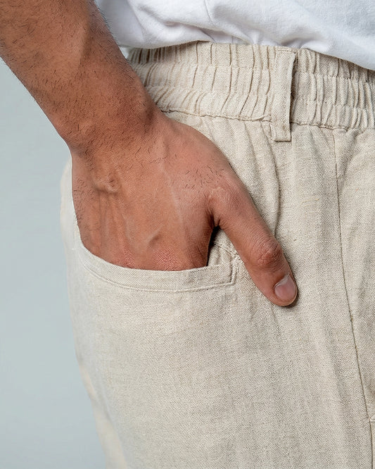 7ate9 Men Pure Linen Beige Drawstring Pants | 789A0019