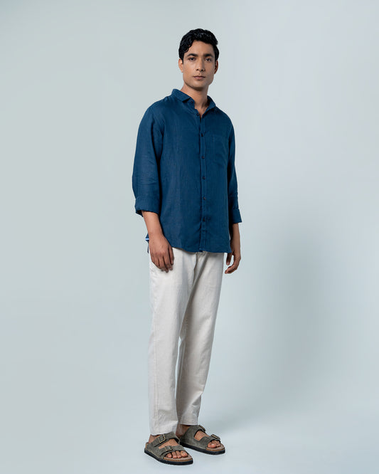7ate9 Men Pure Linen Indigo Blue Relaxed Fit Shirt | 789A0004