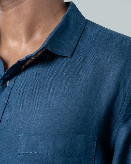 7ate9 Men Pure Linen Indigo Blue Relaxed Fit Shirt | 789A0004