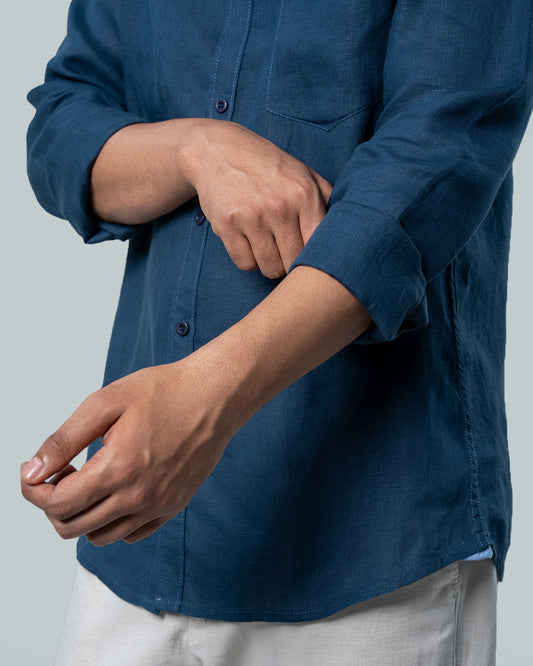 7ate9 Men Pure Linen Indigo Blue Relaxed Fit Shirt | 789A0004