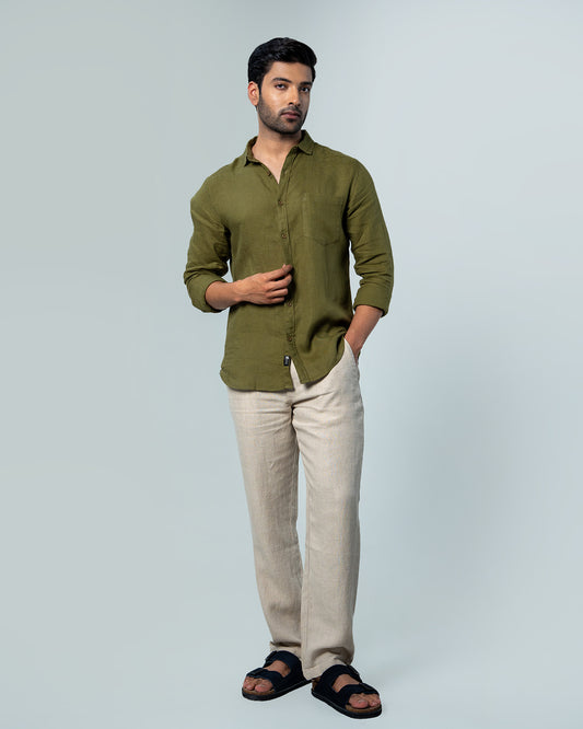 7ate9 Men Pure Linen Olive Relaxed Fit Shirt | 789A0003