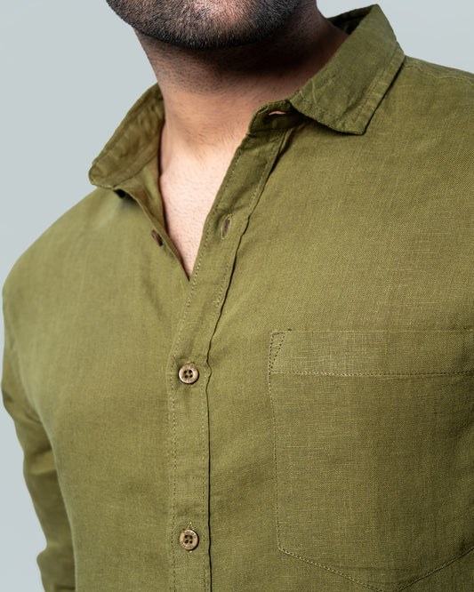 7ate9 Men Pure Linen Olive Relaxed Fit Shirt | 789A0003