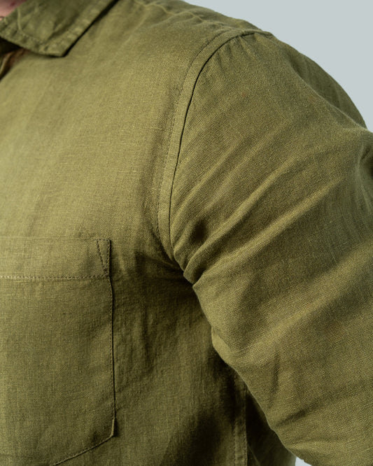 7ate9 Men Pure Linen Olive Relaxed Fit Shirt | 789A0003