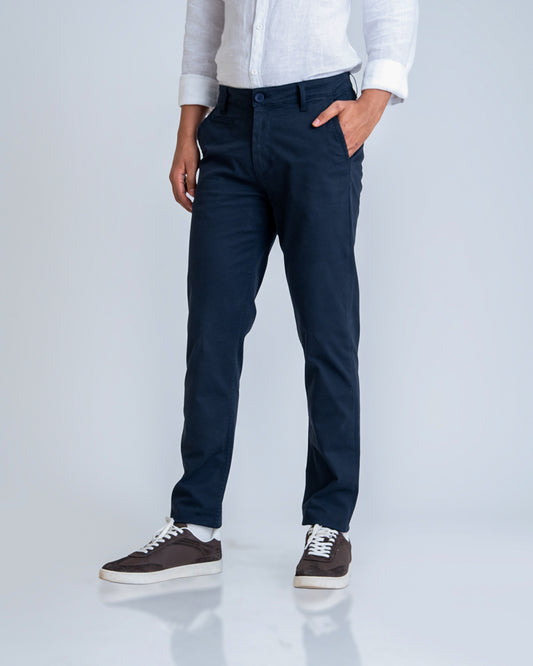 Structured Navy Cotton Lycra Trousers