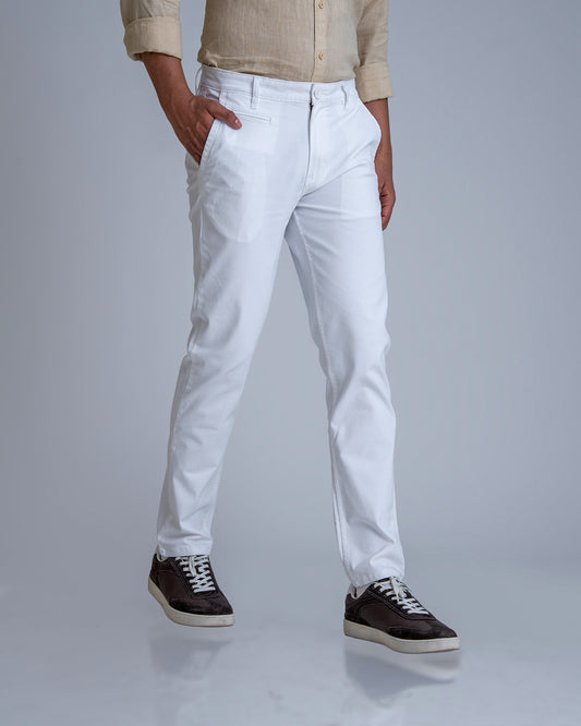 Structured White Cotton Lycra Trousers
