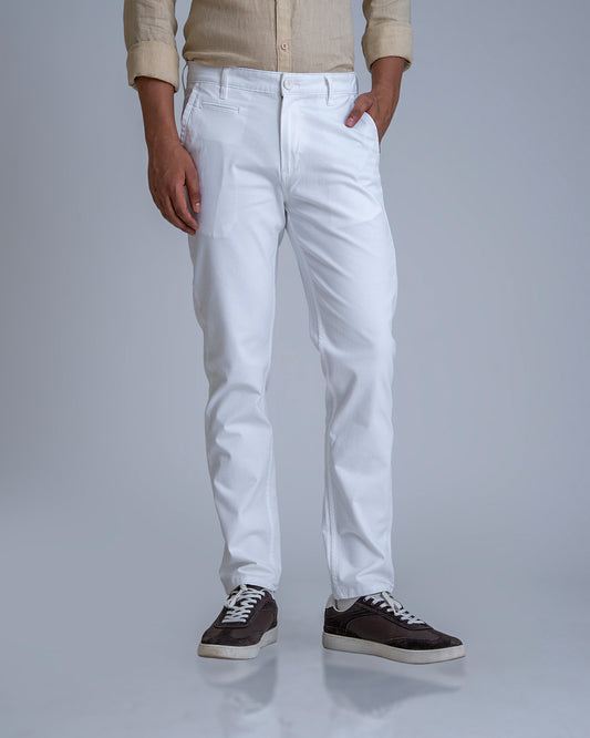 Structured White Cotton Lycra Trousers