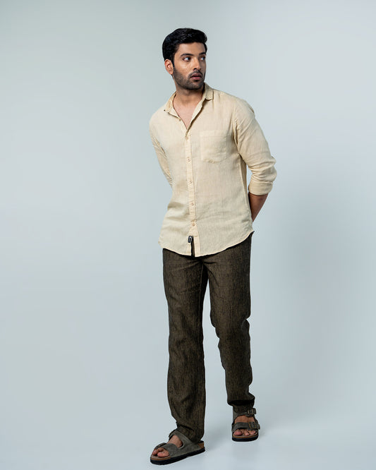 7ate9  Men Pure Linen Beige Relaxed Fit Shirt | 789A0010
