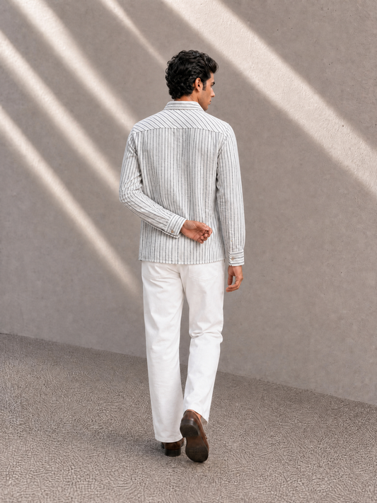 White Slim-Fit Mens Cotton Stripe Shirt