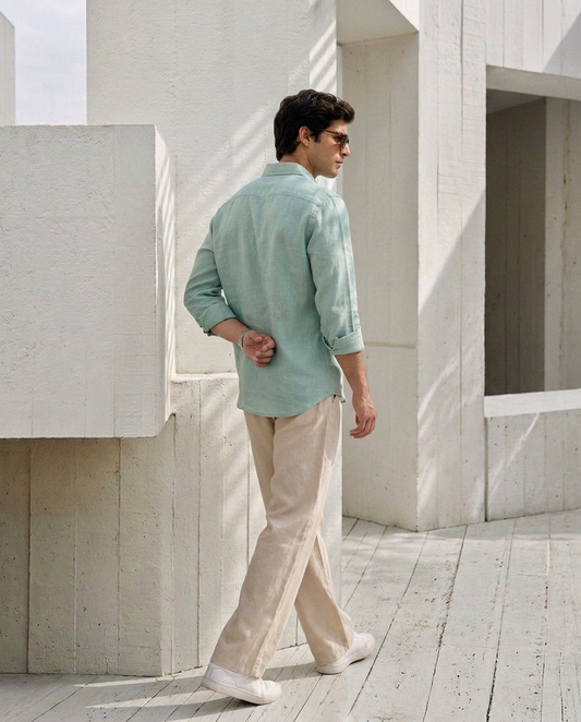 7ate9 Men Pure Linen Mint Relaxed Fit Shirt