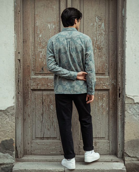 Green Relaxed-Fit Mens Flower Jacquard Shirt