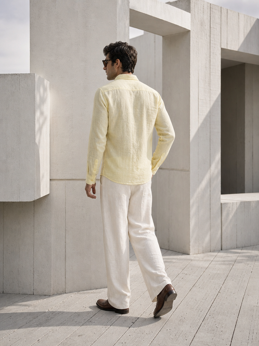 7ate9 Men Pure Linen Yellow Relaxed Fit Shirt