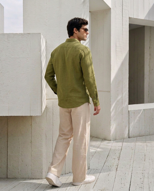 7ate9 Men Pure Linen Olive Relaxed Fit Shirt