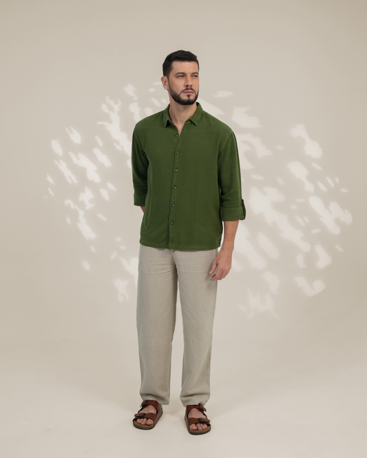 Olive Green Relaxed-Fit Mens Crisp Shirt | 789A0054