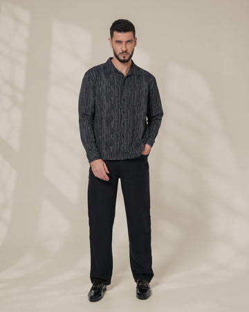 Black Relaxed-Fit Mens Stripe Jacquard Shirt |  789A0051