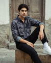 Black Relaxed-Fit Mens Flower Jacquard Shirt | 789A0066