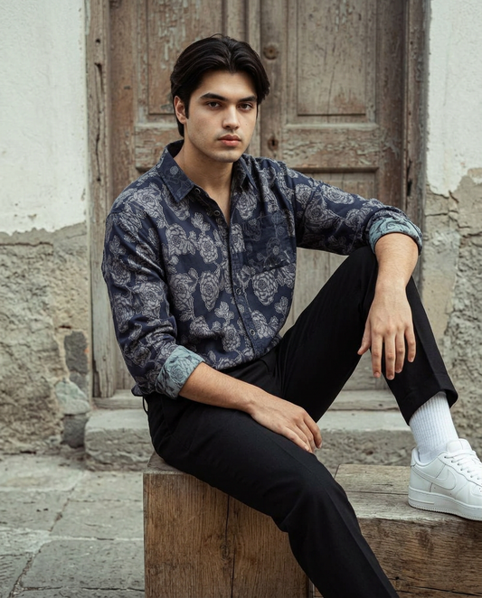 Black Relaxed-Fit Mens Flower Jacquard Shirt