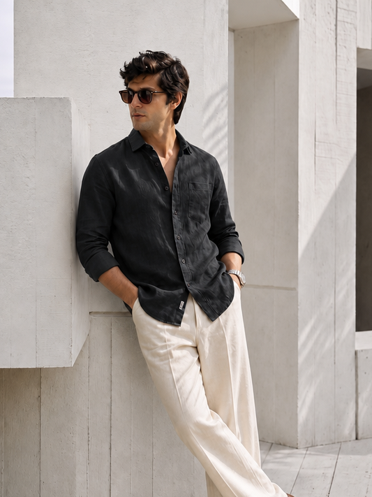 7ate9 Men Pure Linen Black Relaxed FIt Shirt