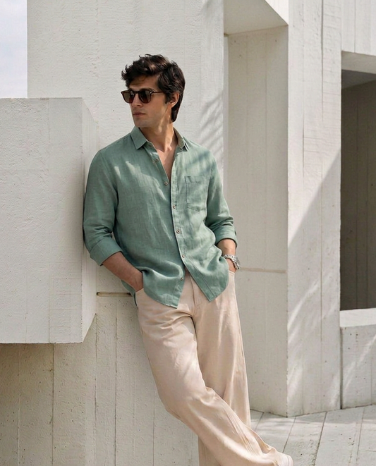 7ate9 Men Pure Linen Mint Relaxed Fit Shirt