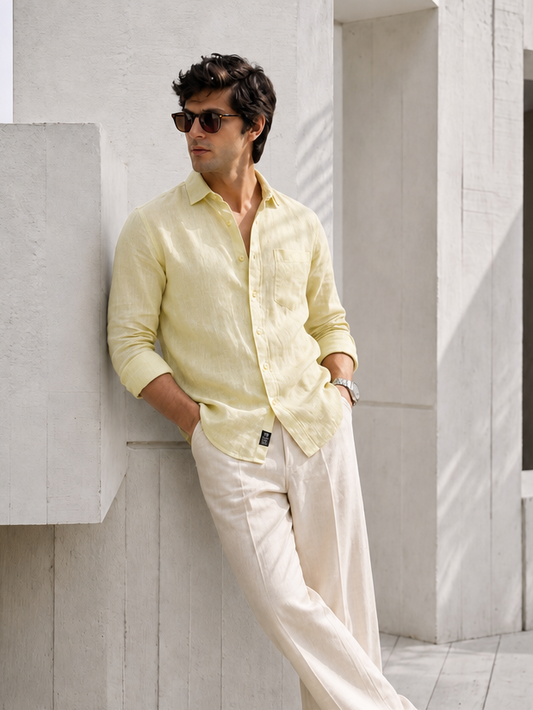 7ate9 Men Pure Linen Yellow Relaxed Fit Shirt