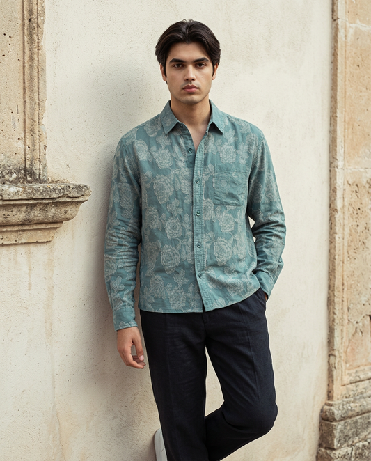 Green Relaxed-Fit Mens Flower Jacquard Shirt