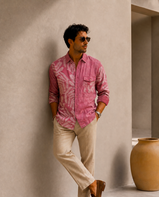 Pink Relaxed-Fit Mens Leaf Jacquard Shirt