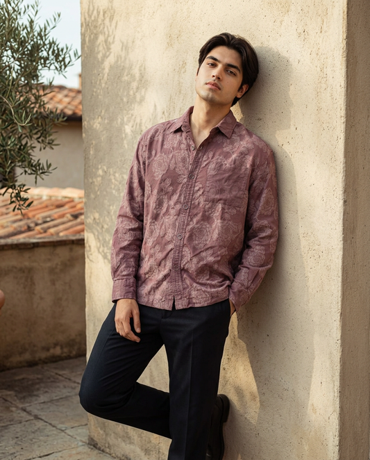 Purple Relaxed-Fit Mens Flower Jacquard Shirt