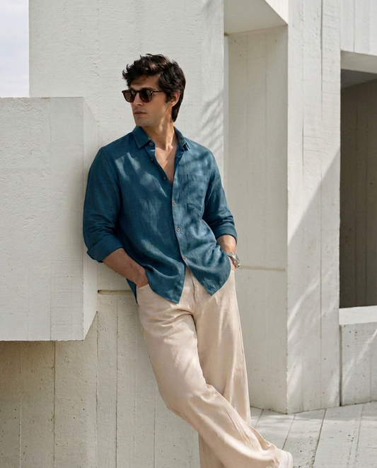 7ate9 Men Pure Linen Indigo Blue Relaxed Fit Shirt