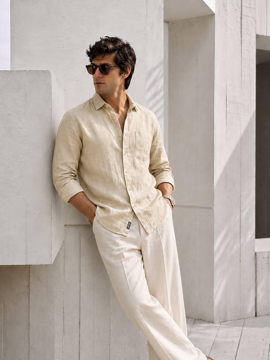 7ate9  Men Pure Linen Beige Relaxed Fit Shirt