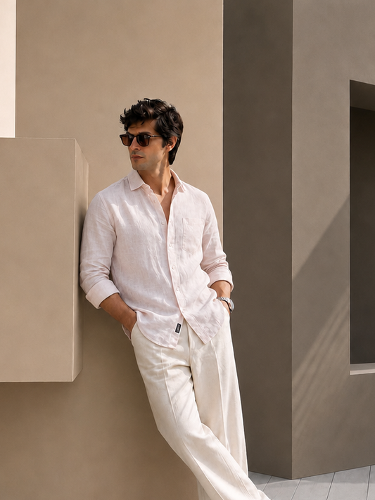 7ate9 Men Pure Linen Pink Relaxed Fit Shirt