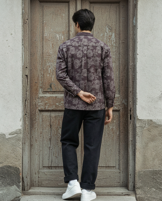 Brown Relaxed-Fit Mens Flower Jacquard Shirt