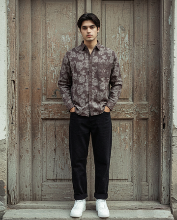 Brown Relaxed-Fit Mens Flower Jacquard Shirt