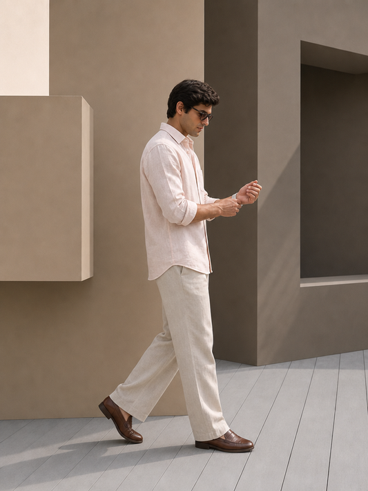 7ate9 Men Pure Linen Pink Relaxed Fit Shirt