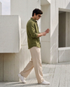 7ate9 Men Pure Linen Olive Relaxed Fit Shirt | 789A0003
