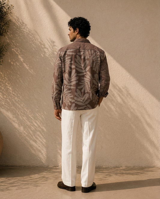 Brown Relaxed-Fit Mens Leaf Jacquard Shirt