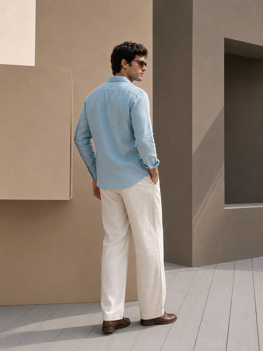 7ate9 Men Pure Linen Sky Blue Relaxed Fit Shirt