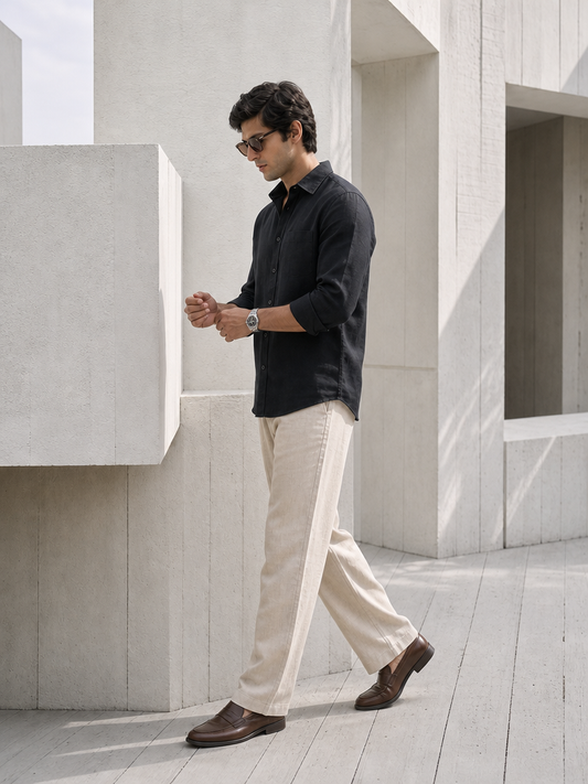 7ate9 Men Pure Linen Black Relaxed FIt Shirt
