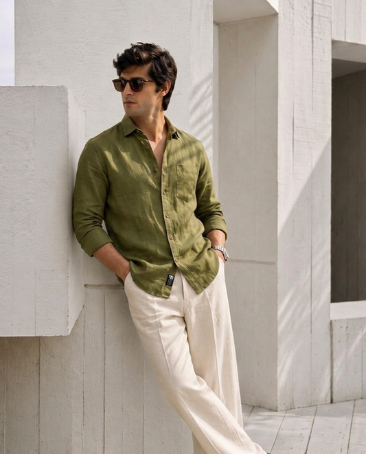 7ate9 Men Pure Linen Olive Relaxed Fit Shirt