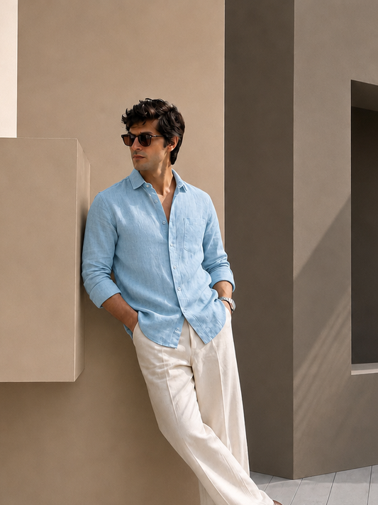 7ate9 Men Pure Linen Sky Blue Relaxed Fit Shirt