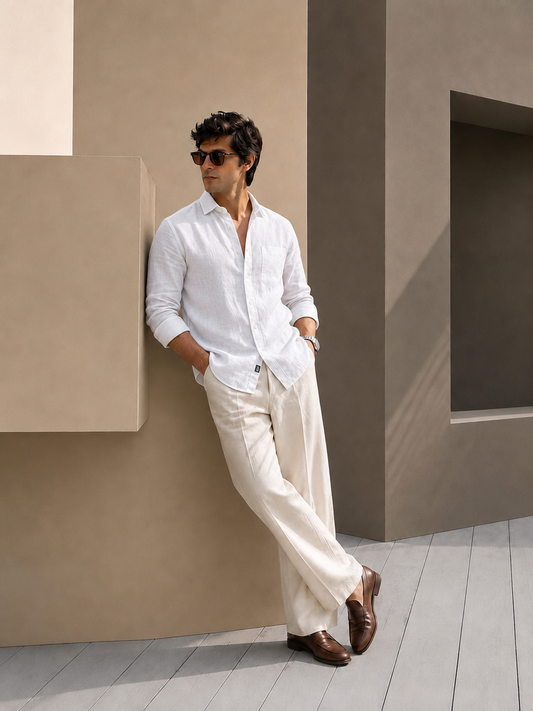 7ate9 Men Pure Linen White Relaxed Fit Shirt